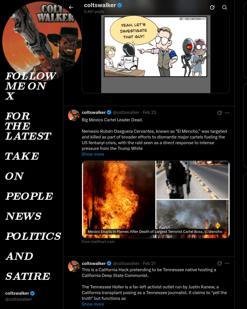 Follow Coltswalker on X for the latest take on people, news, politics, and satire